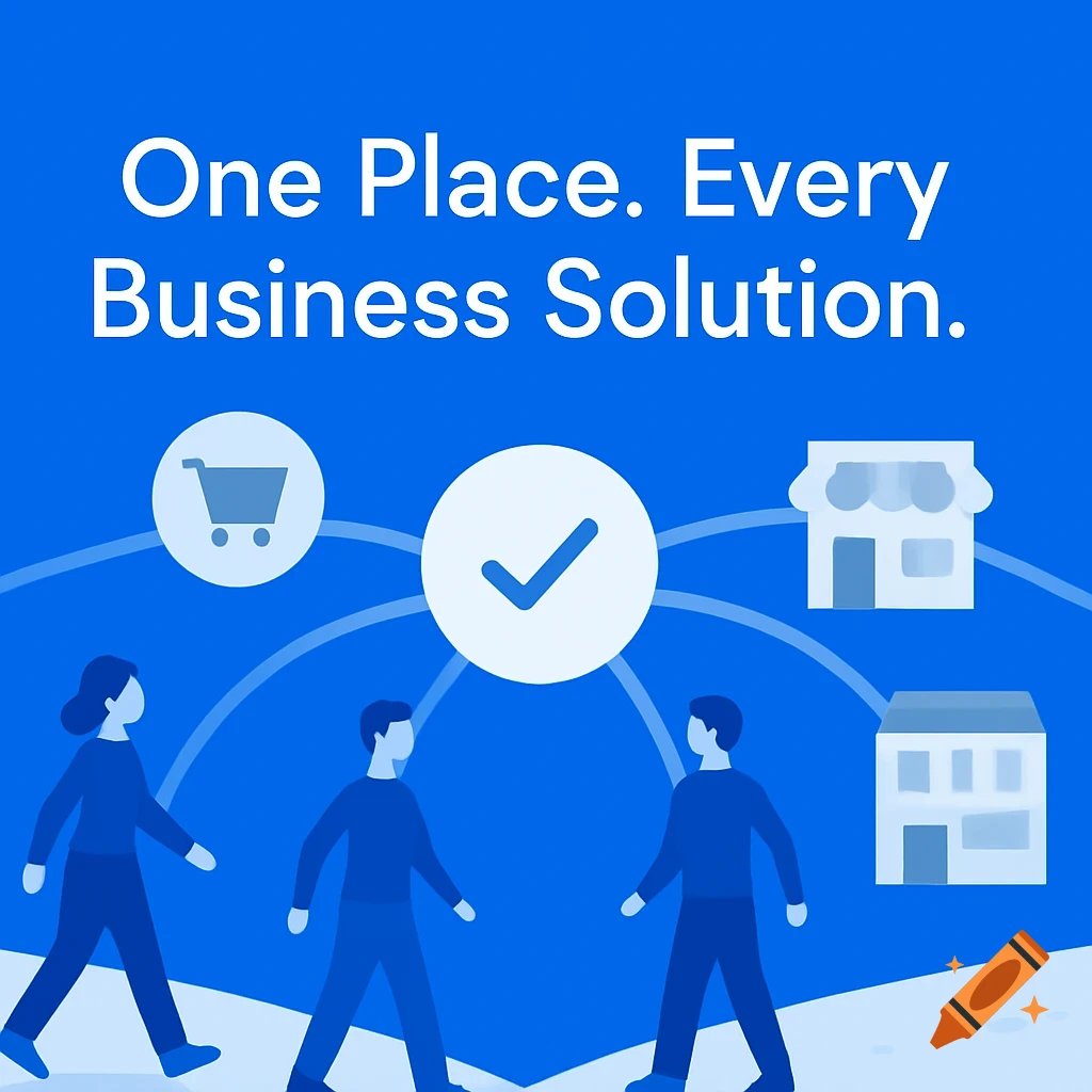 Flat design illustration with text 'One Place. Every Business Solution', showing stylized people, shopping cart, and store icons.