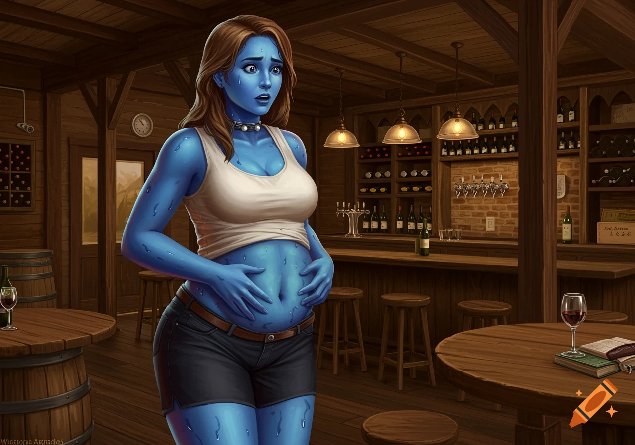 A blue-skinned woman holds her swelling stomach in a rustic bar.