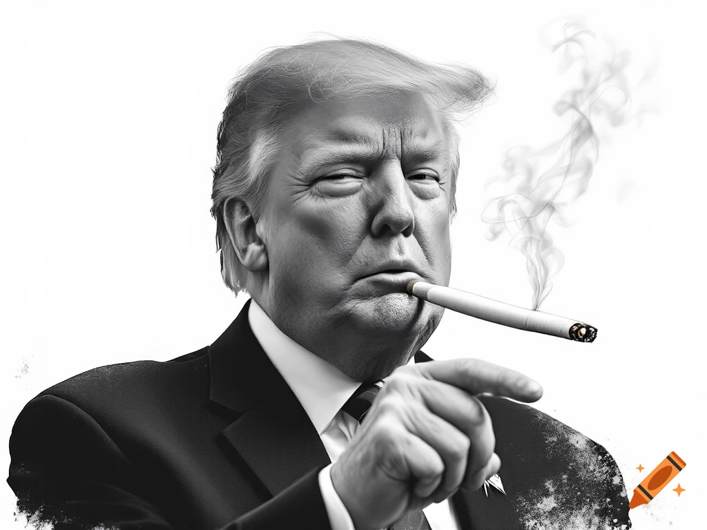 Black and white portrait of Donald Trump smoking a long cigarette holder and pointing.