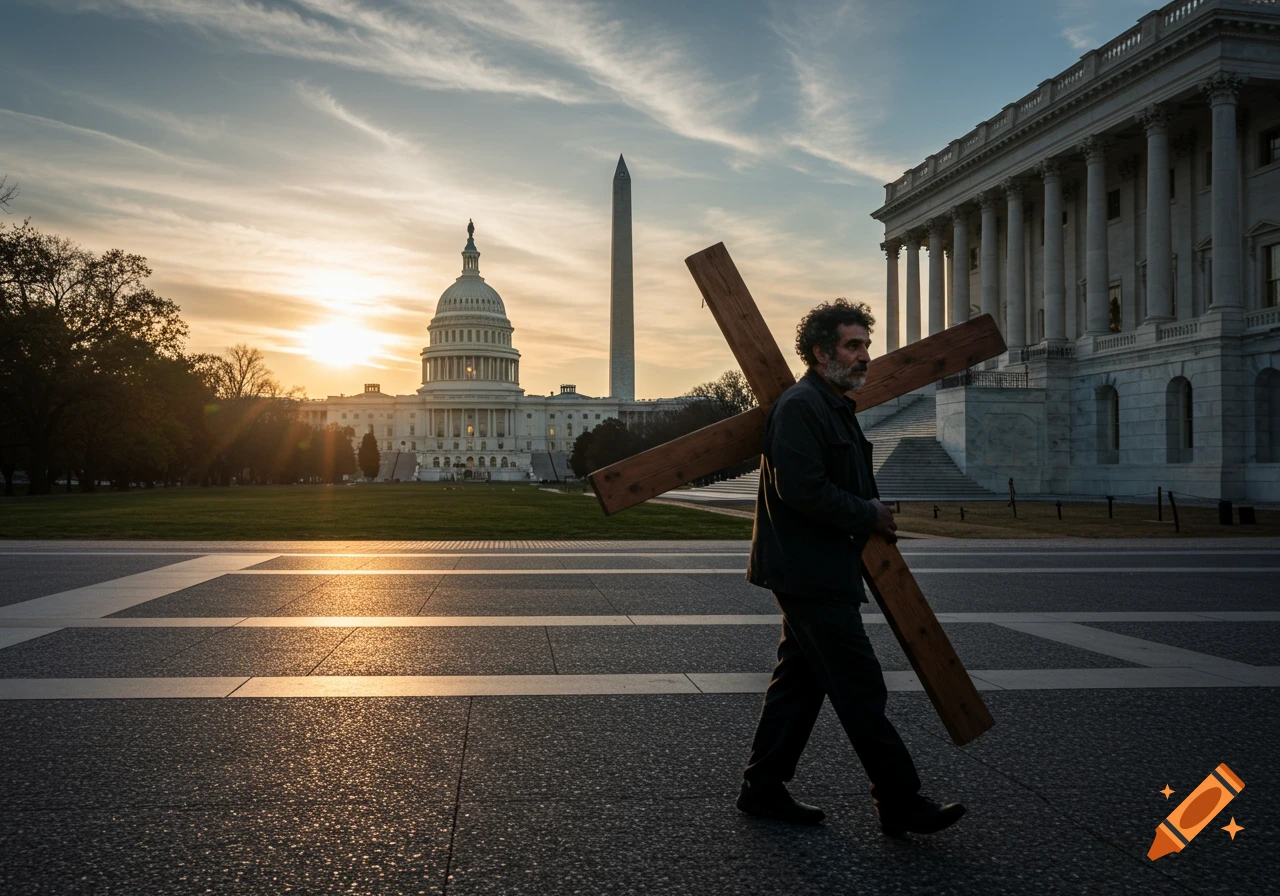 A man carries a wooden cross in front of the US Capitol and Washington Monument at sunset. Photorealistic.
