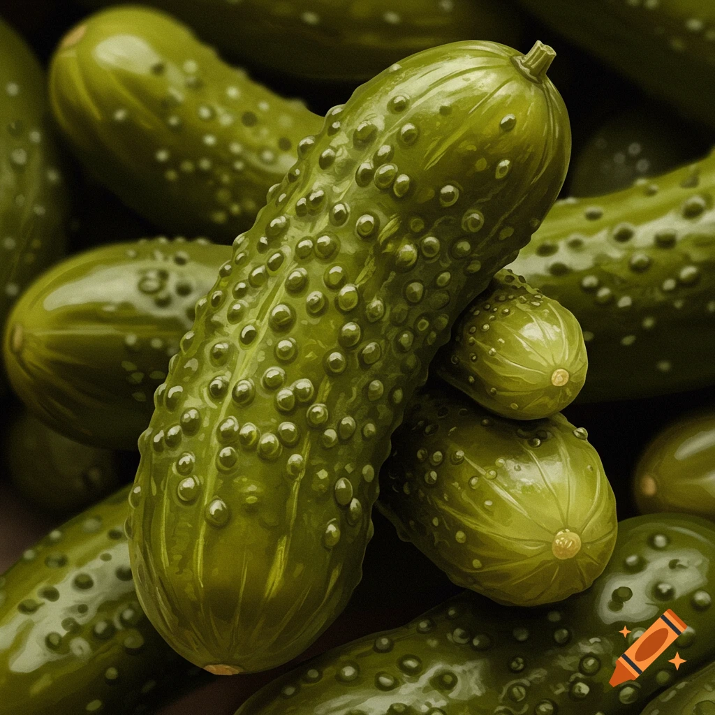 Close-up of several green pickles.