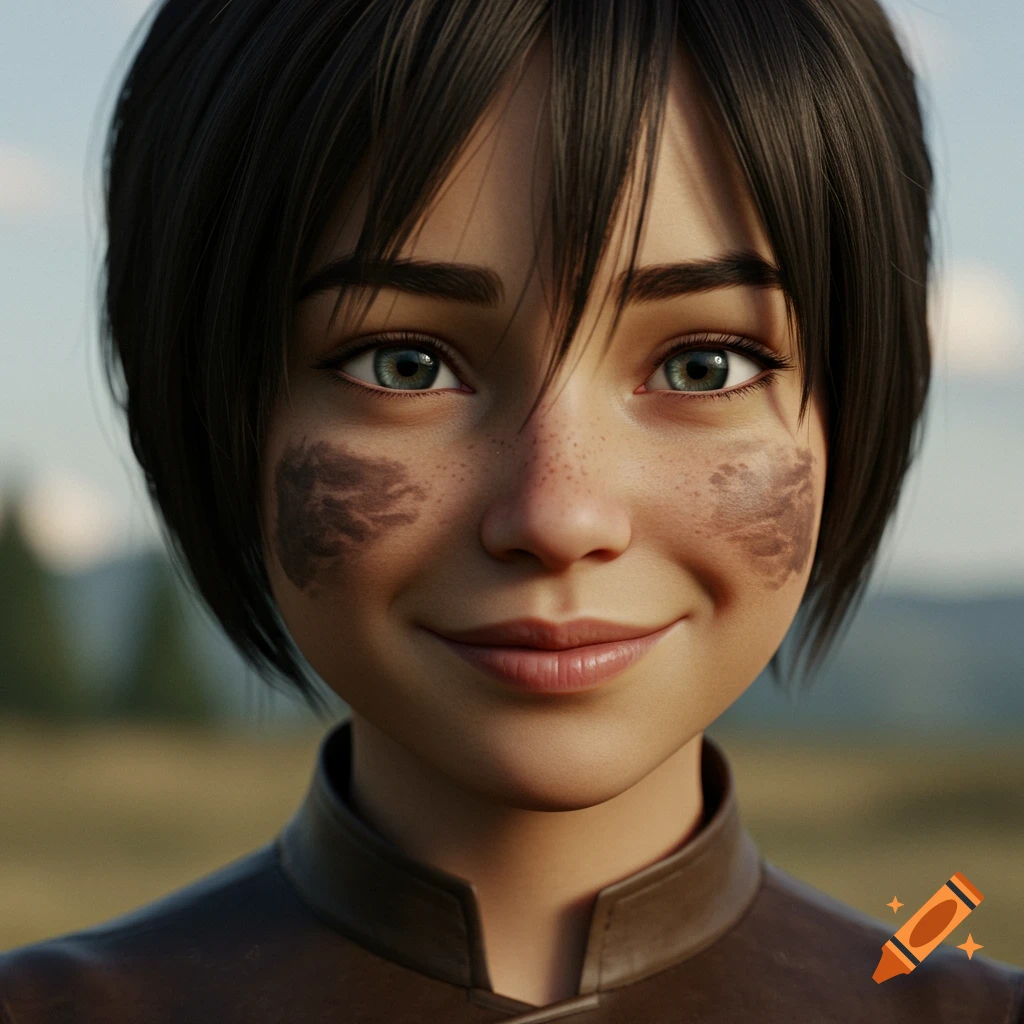 Close-up photorealistic portrait of a young person with short dark hair, green eyes, and smudges on cheeks, smiling.