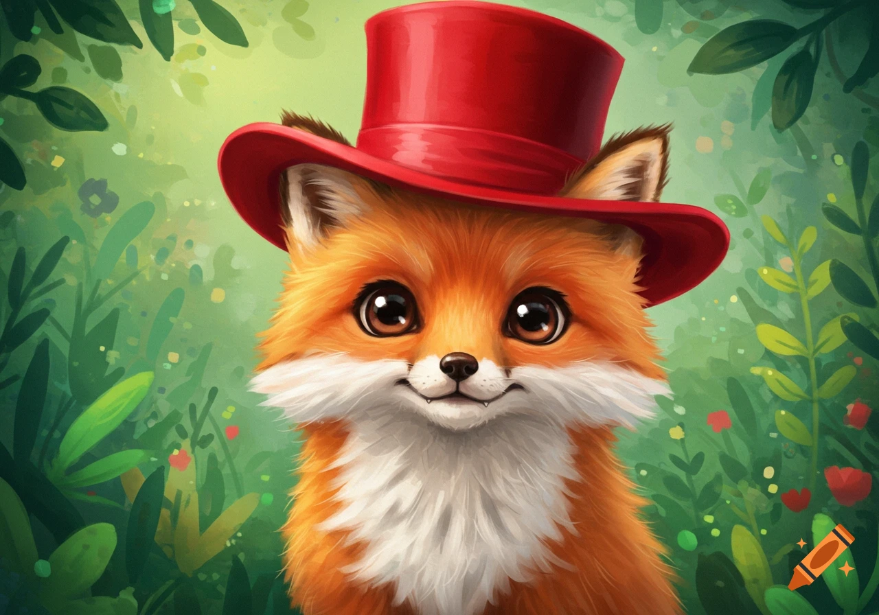 A cute cartoon fox wearing a red top hat smiles in a forest.
