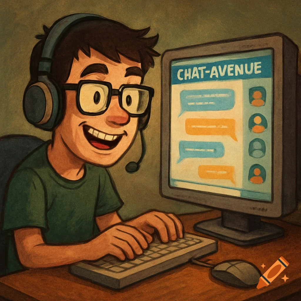 A person with glasses and headphones is chatting online at a computer.
