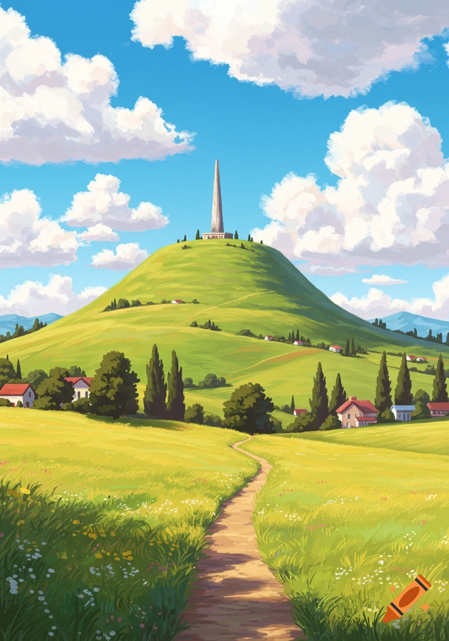 A green hill with a tall tower on top, winding path, houses, trees under a blue sky with clouds.