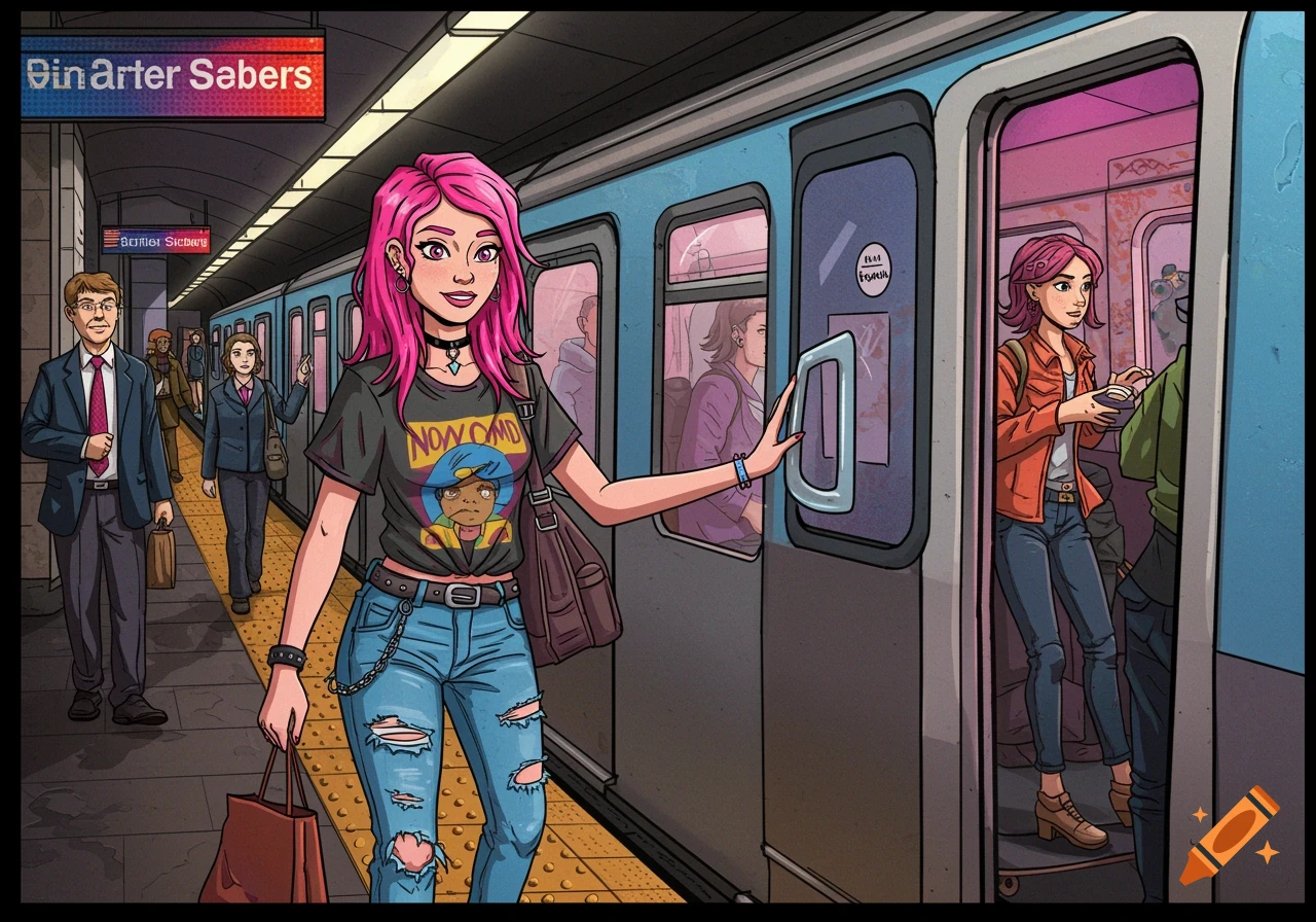 A young woman with pink hair and ripped jeans holds open a subway door in a vibrant comic book style.