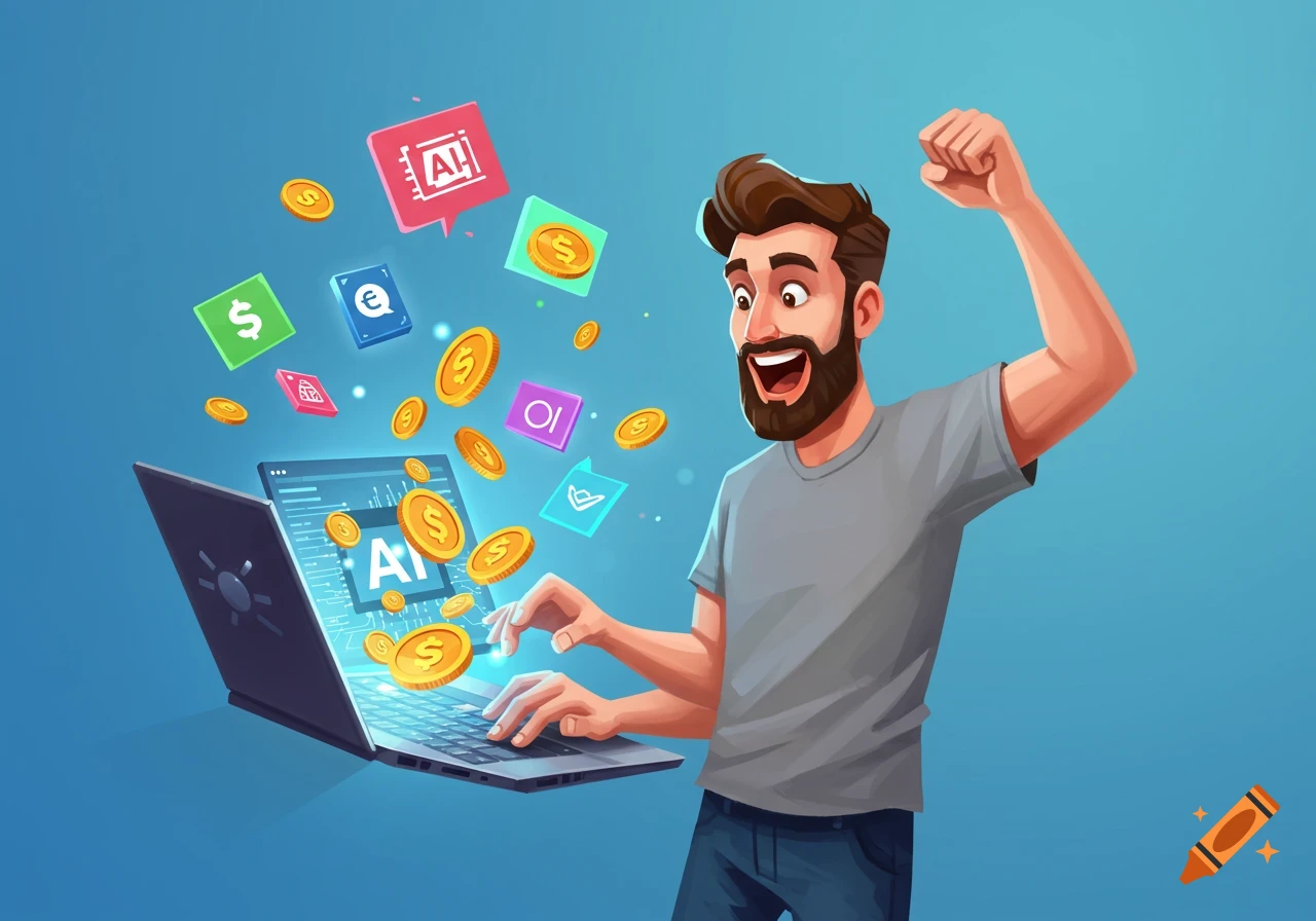 A cartoon illustration of a man making money from AI on a laptop.