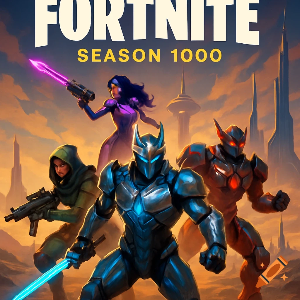 Four futuristic characters with weapons in a desert, with text 'FORTNITE SEASON 1000' above.