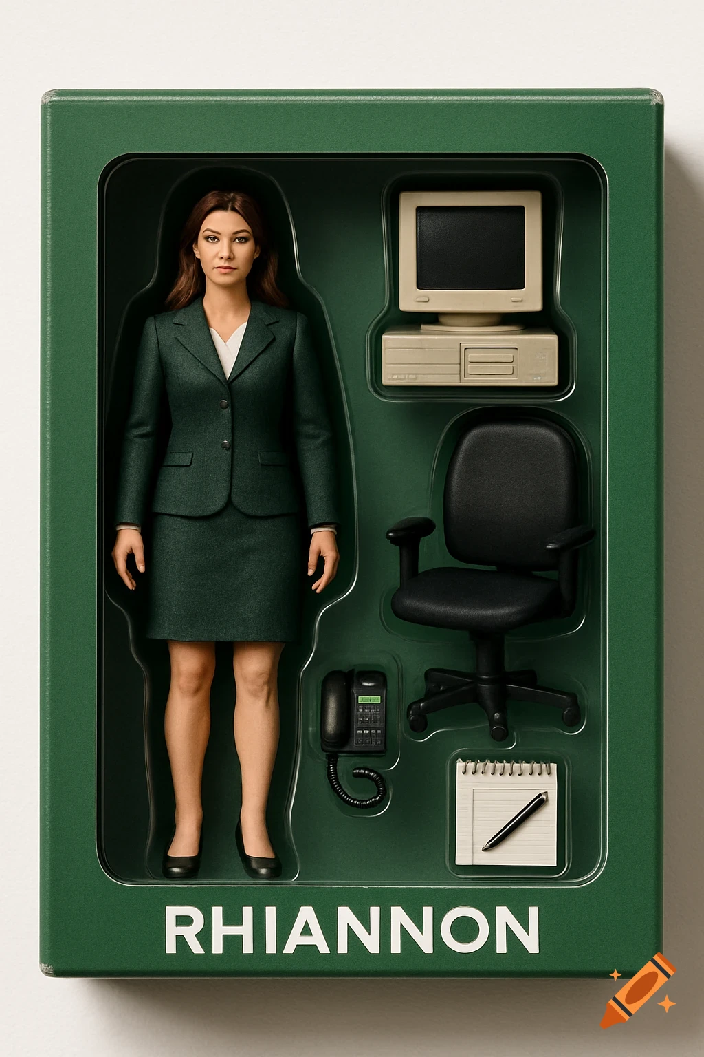 Action figure of a woman in a suit in a box with a computer, chair, phone, notebook, and pen, labeled Rhiannon.