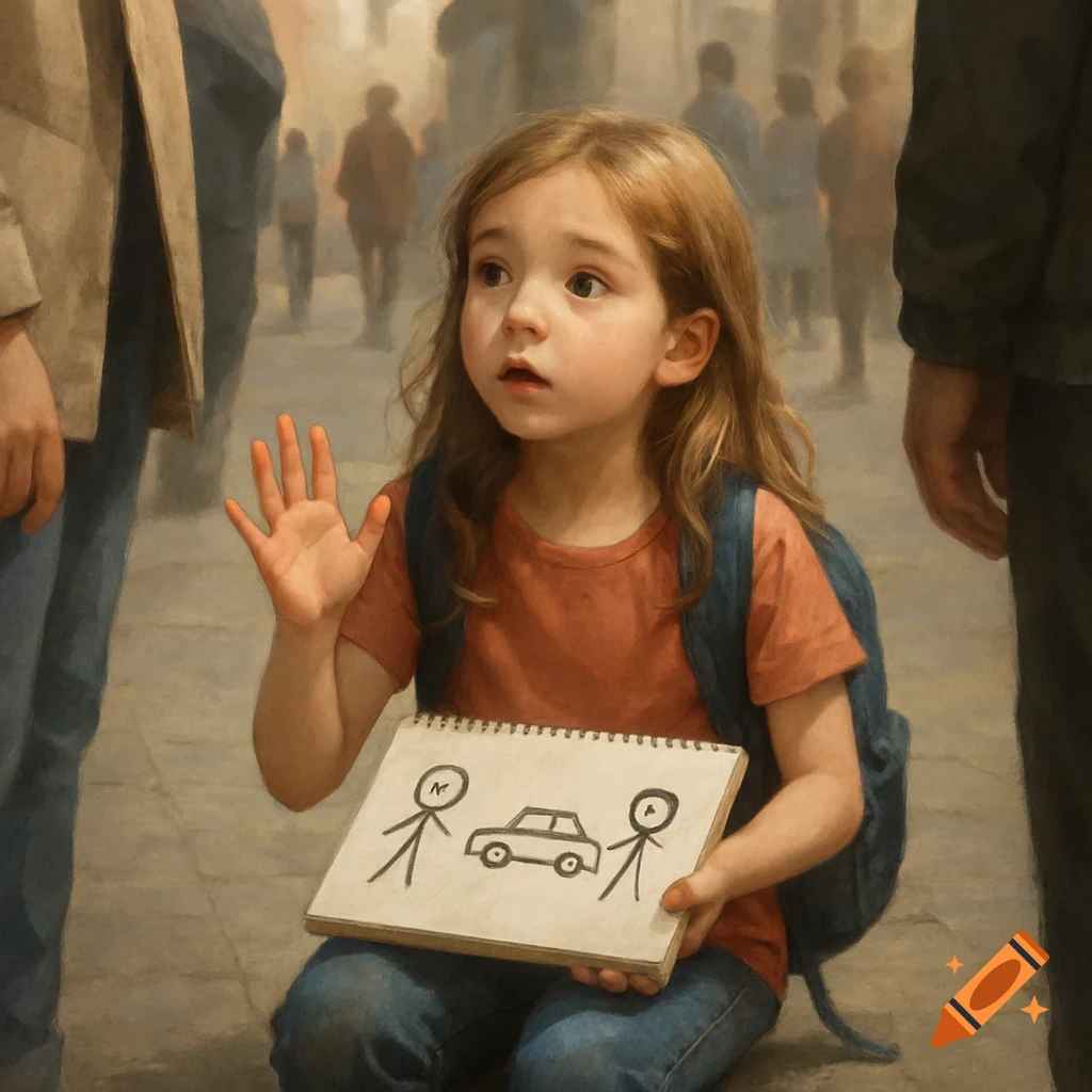 A child with a backpack in a crowded street holds up a drawing of stick figures and a car on a notebook.