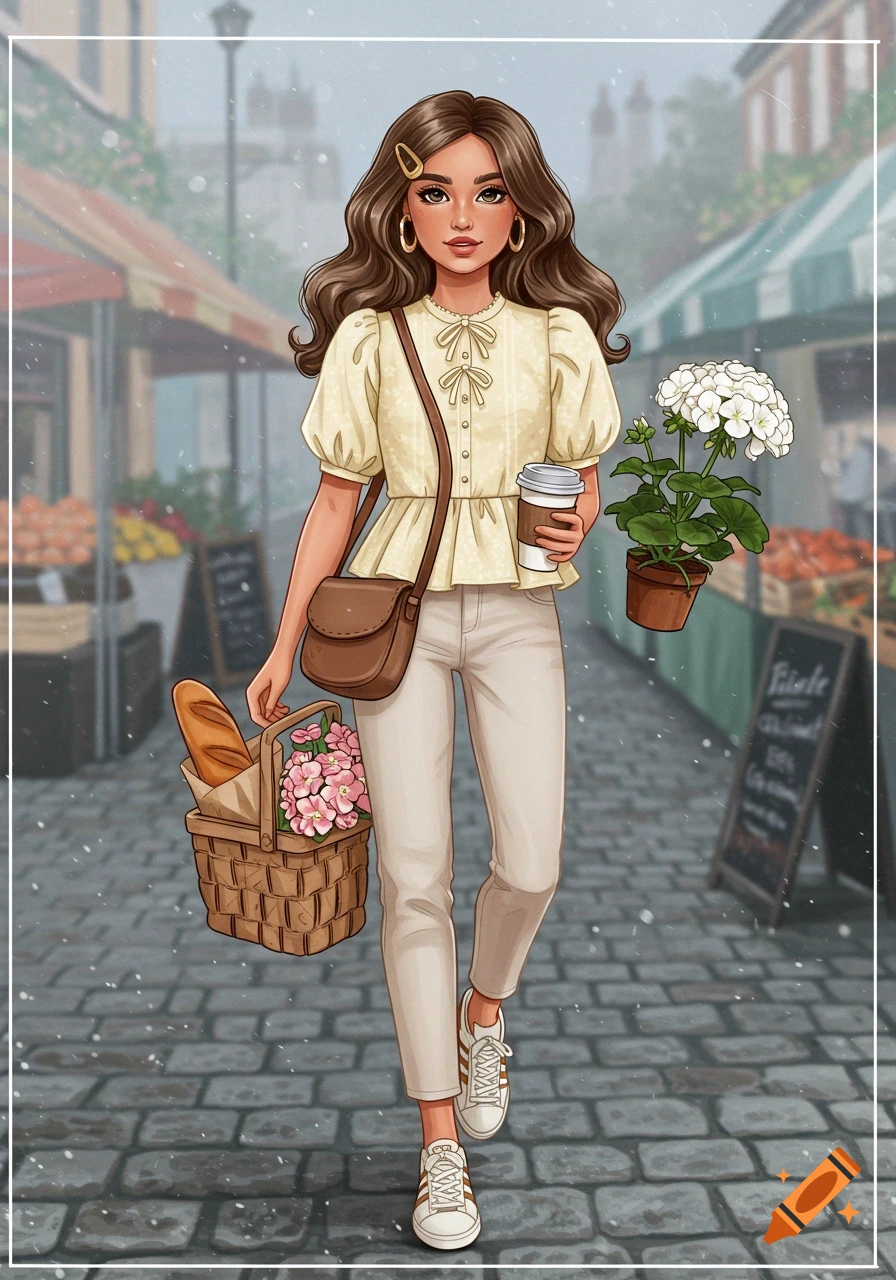 Stylized illustration of a woman walking through a market with a basket, coffee, and plant.