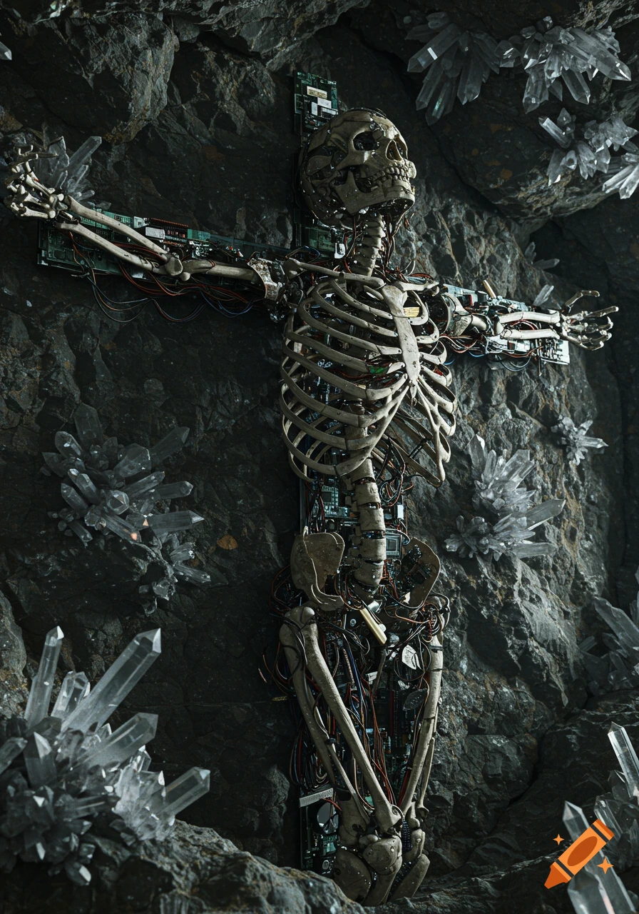 A skeletal cyborg figure is crucified against a rock wall in a cave filled with large crystals.