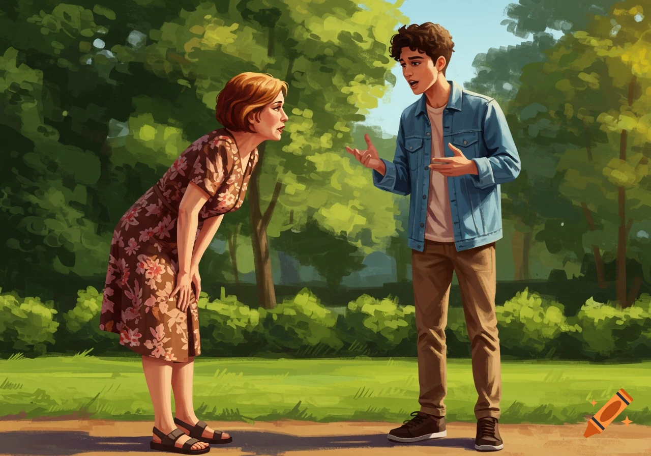A woman bending down to talk to a young man in a park.