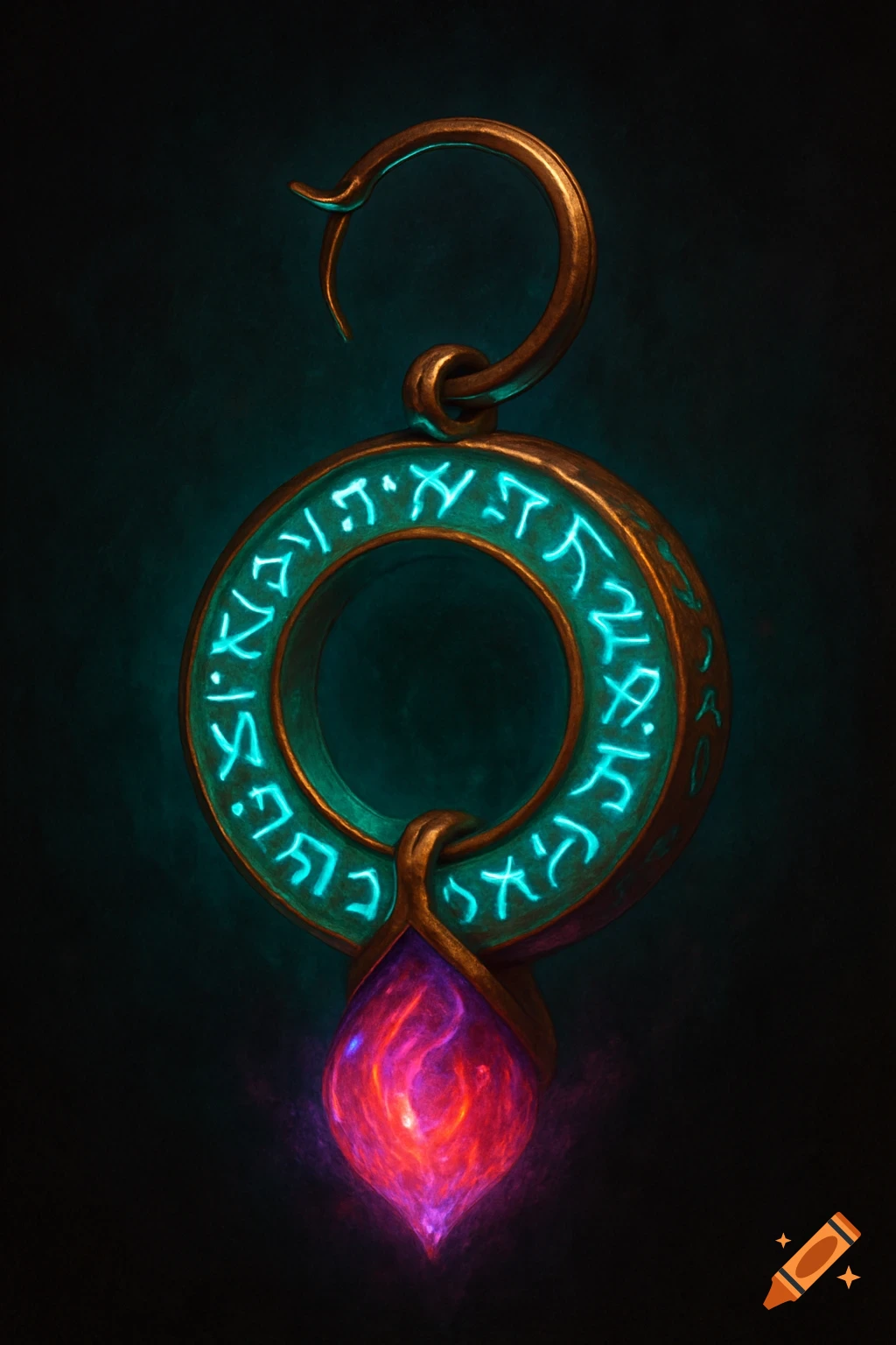 A glowing gold pendant with blue-green runes and a red-purple crystal.