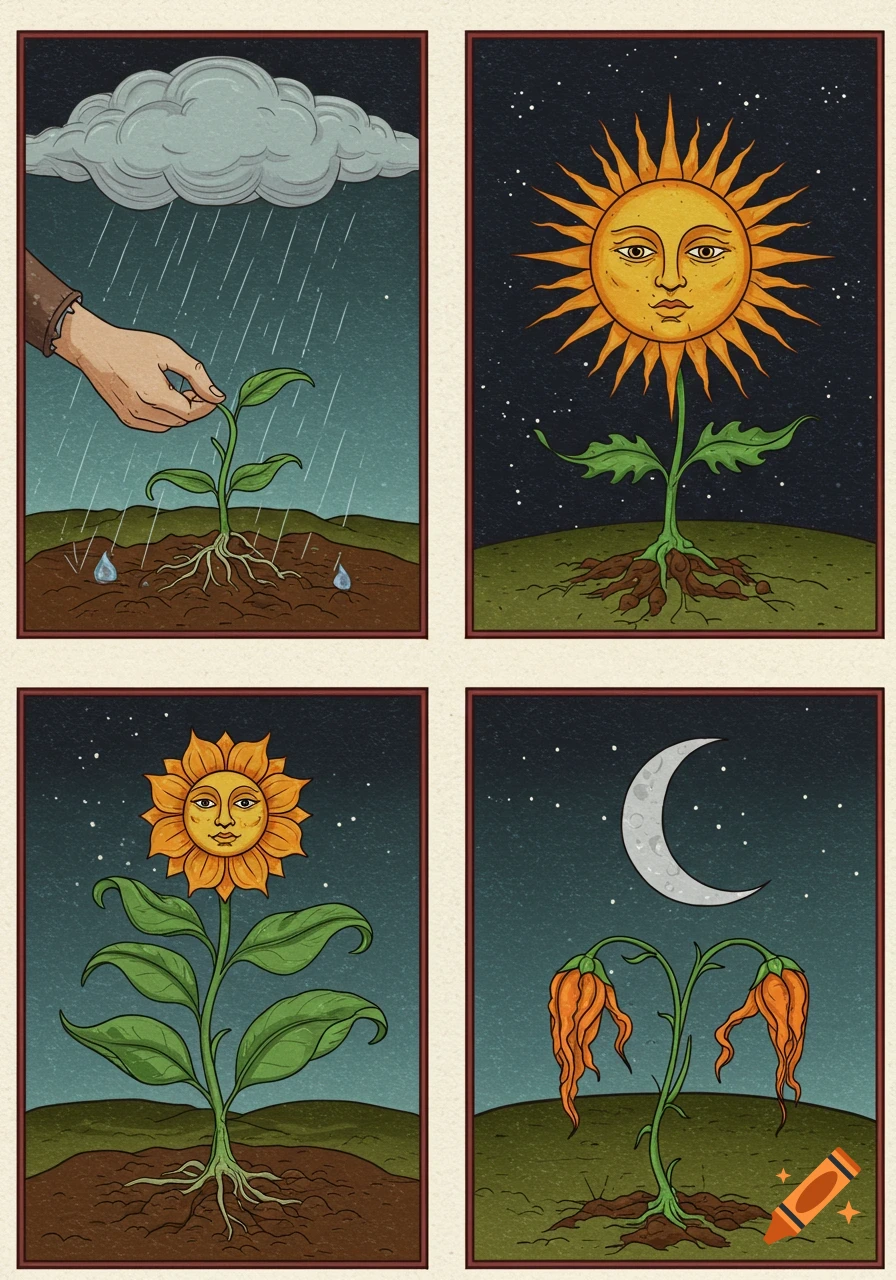 Four panel medieval style illustration showing a plant growing and wilting through rain, sun, and moon.