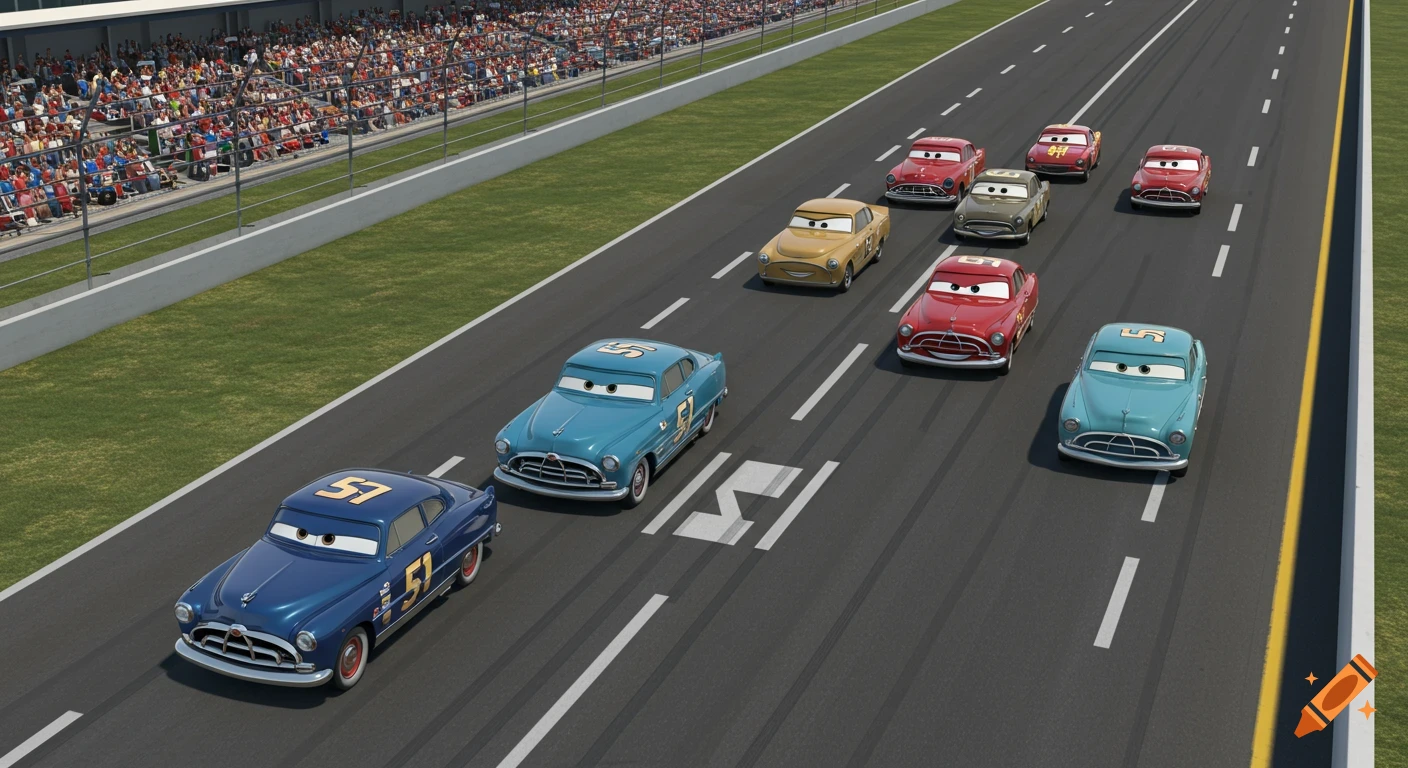 Cartoon race cars, including a blue car #51, on a track with spectators. Inspired by the movie Cars.