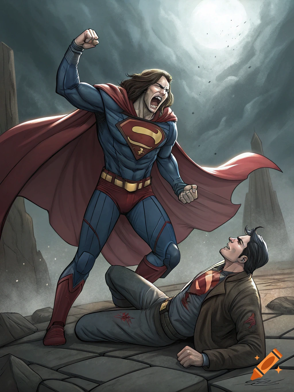 Comic book style illustration of a long-haired superhero standing triumphantly over a defeated figure lying on the ground.