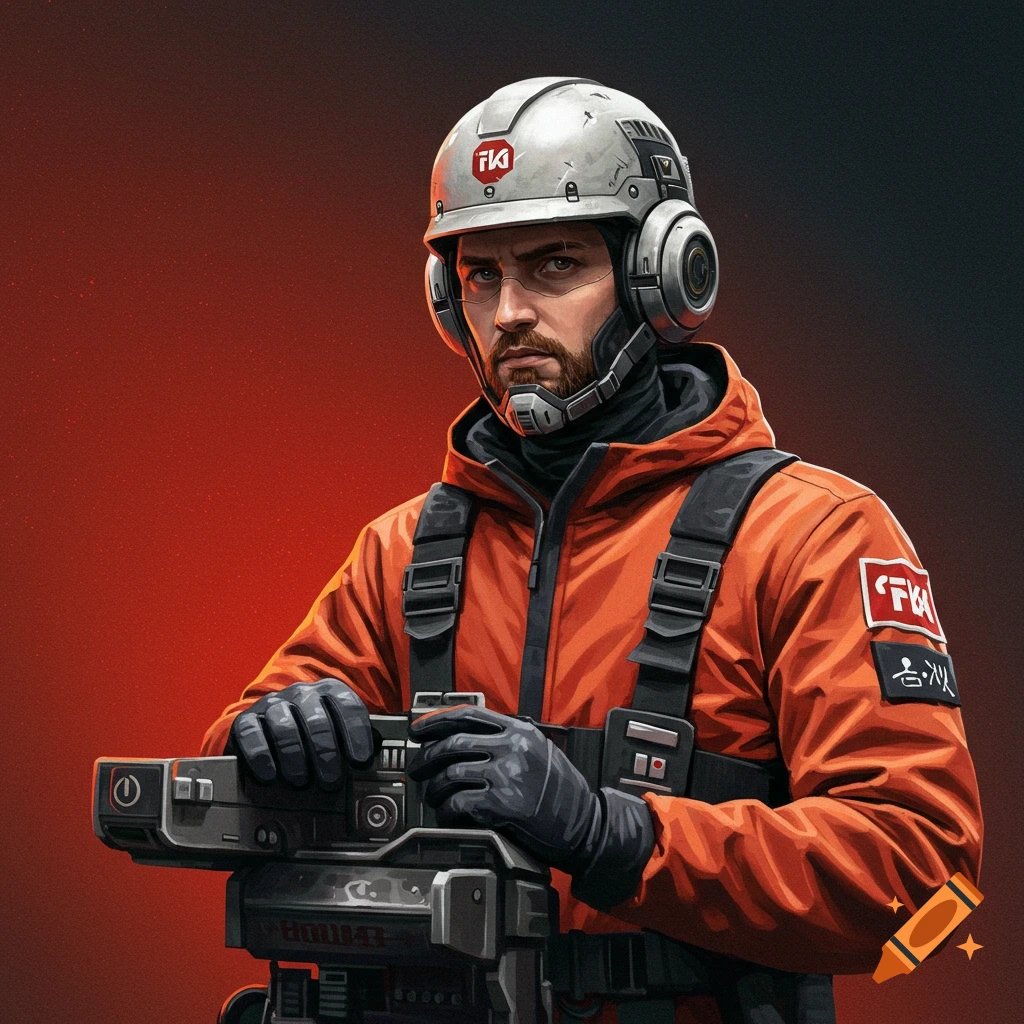 A man in a helmet and orange jacket holds a device.