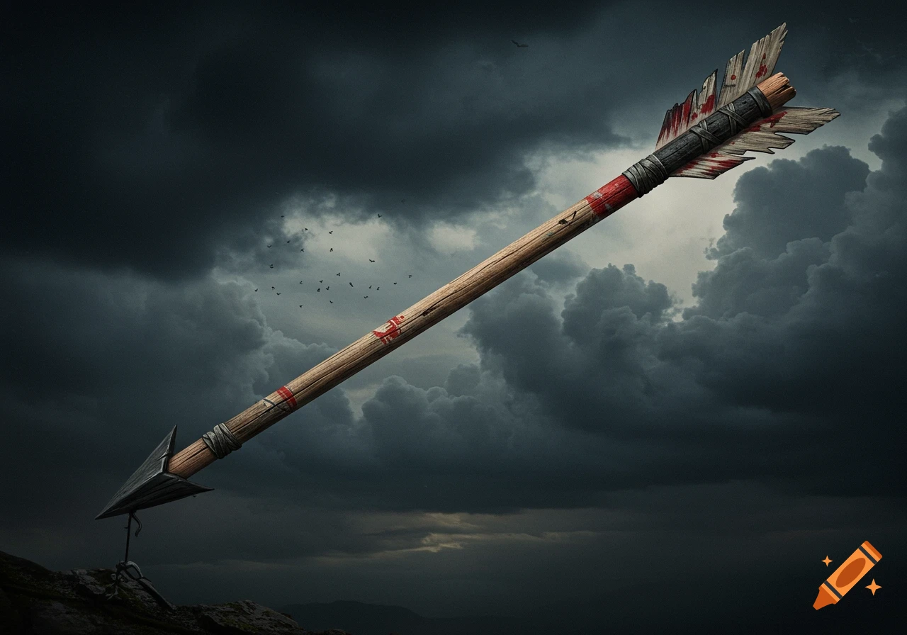 A large stylized arrow against a dark stormy sky.