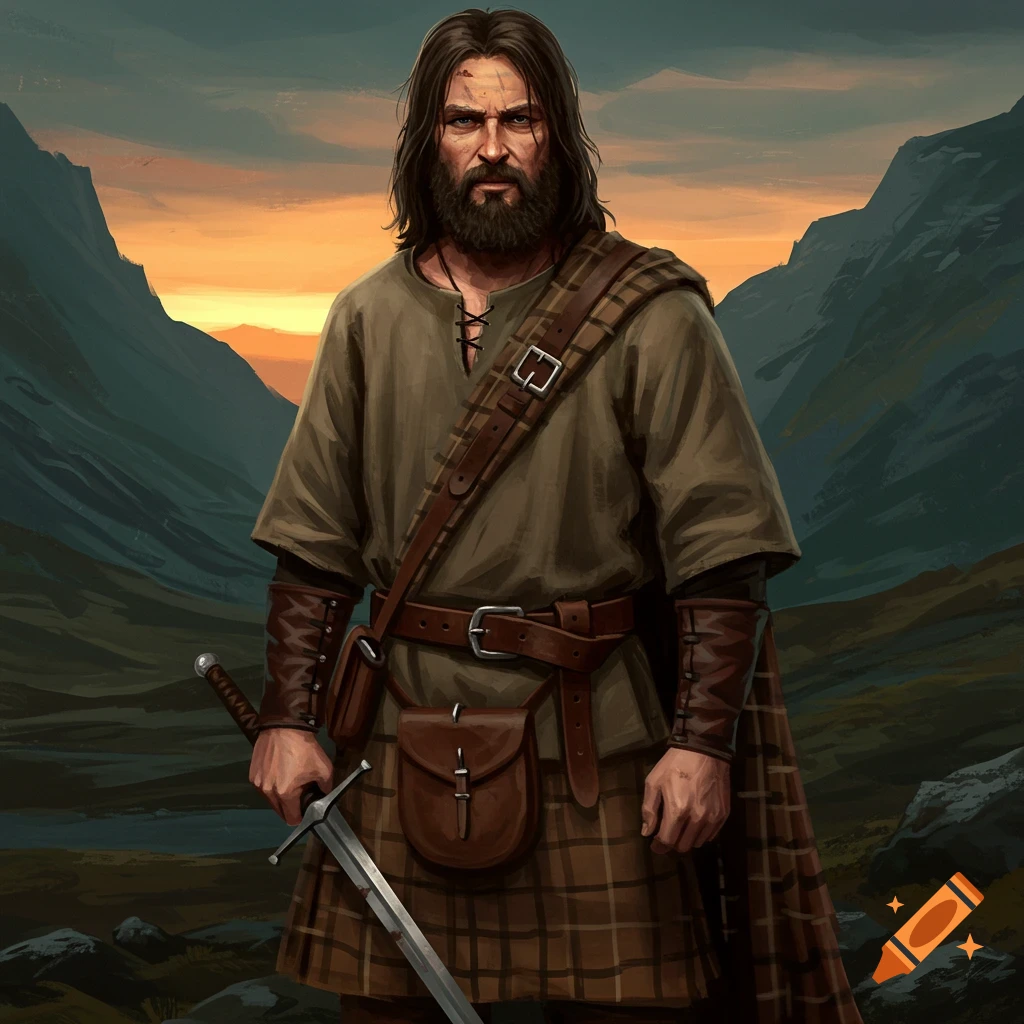 A man in a kilt and tunic with a sword stands in a mountainous landscape at sunset.