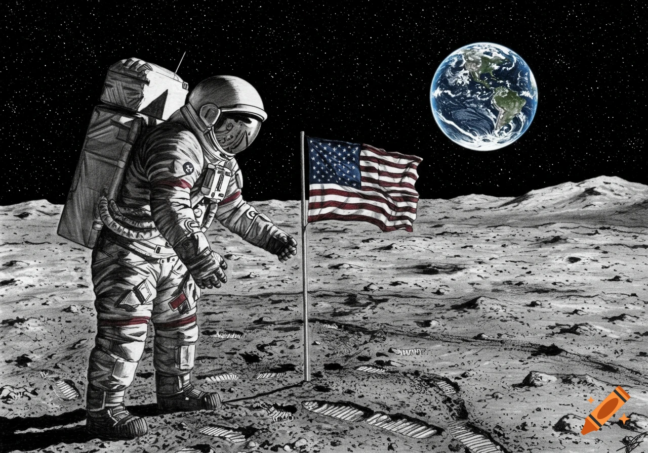 Drawing of an astronaut placing an American flag on the moon with Earth visible in the background.