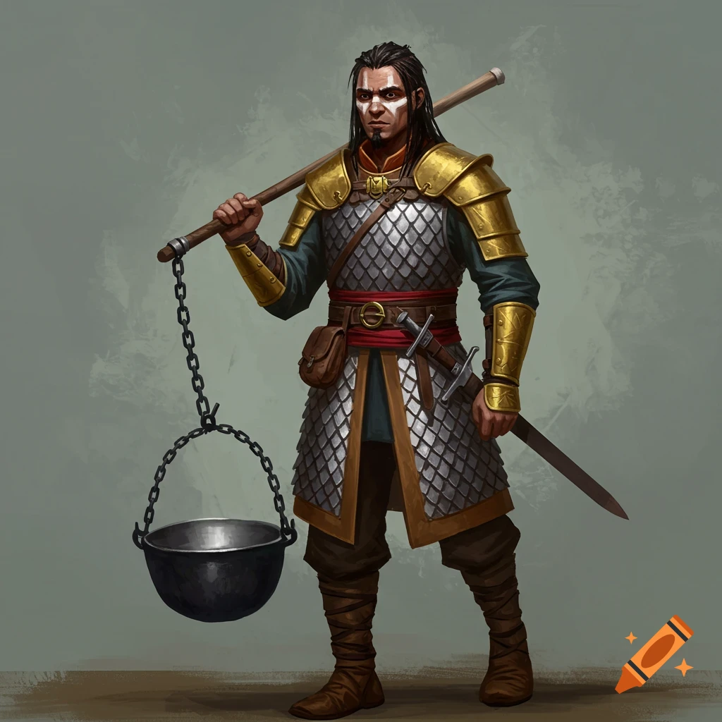 A barbarian warrior is depicted wearing warpaint and scale armor. He is carrying a pot by a chain over his shoulder.