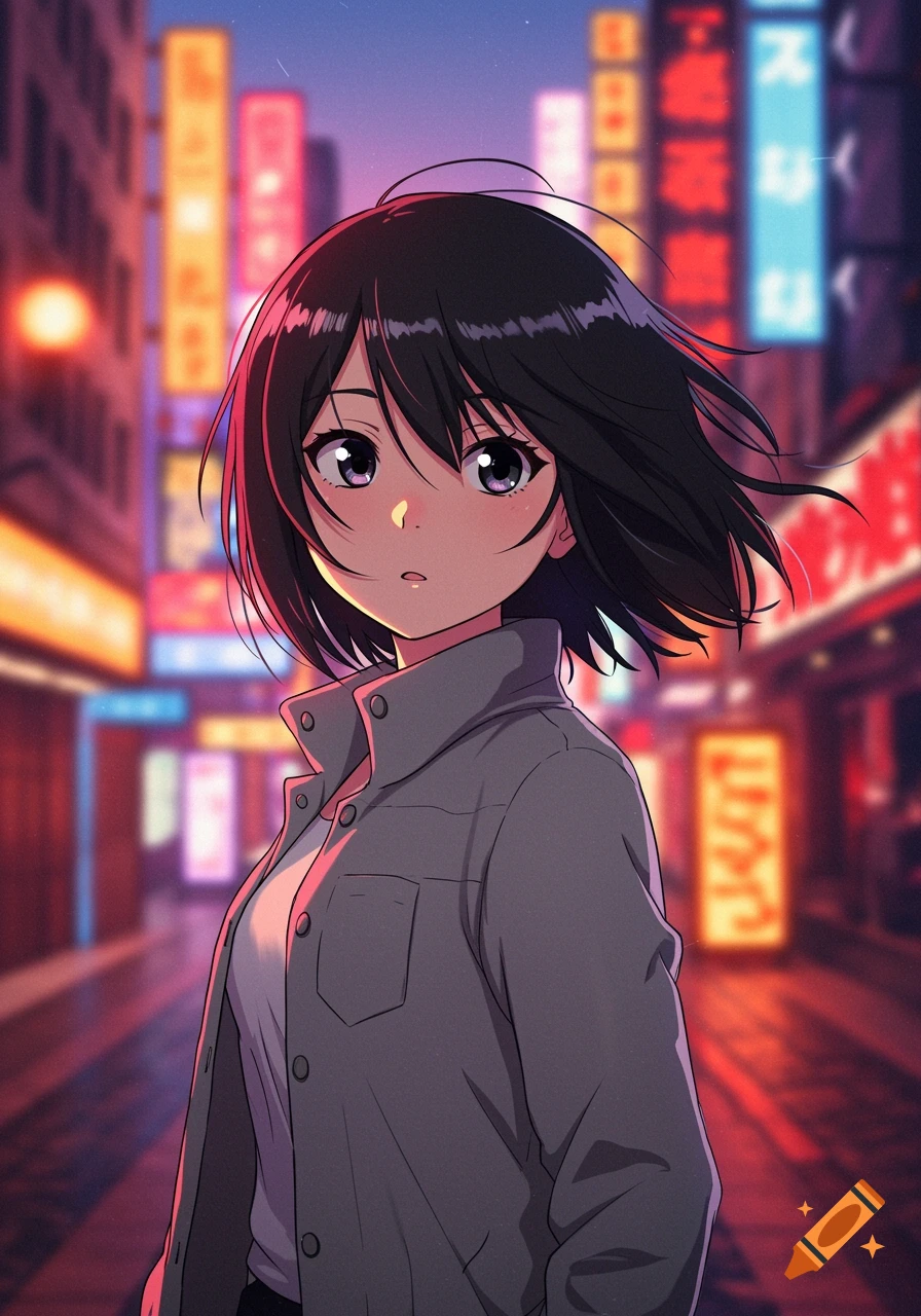 Anime girl in grey jacket stands in bustling city with neon signs.