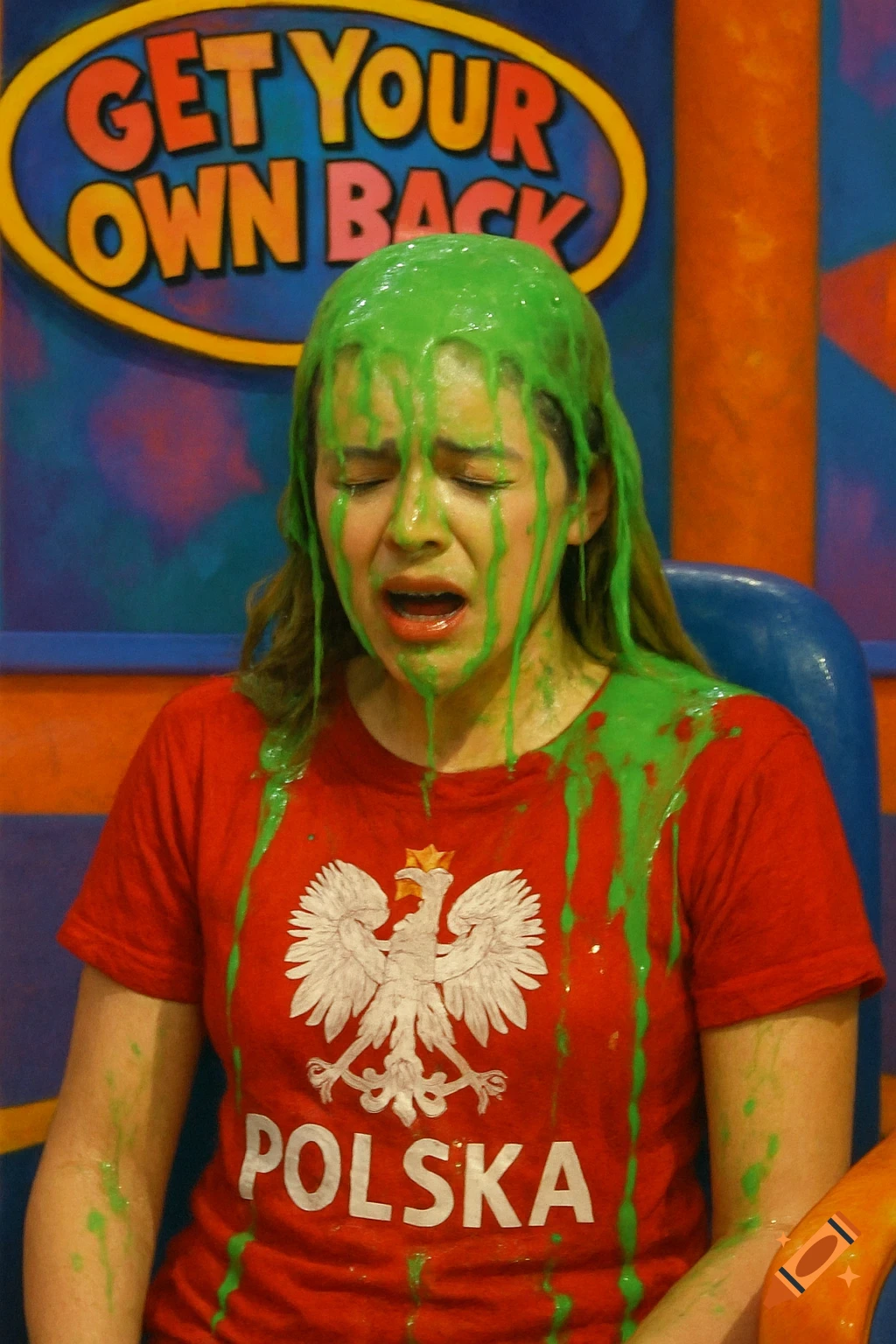 Woman covered in green slime on a game show set.