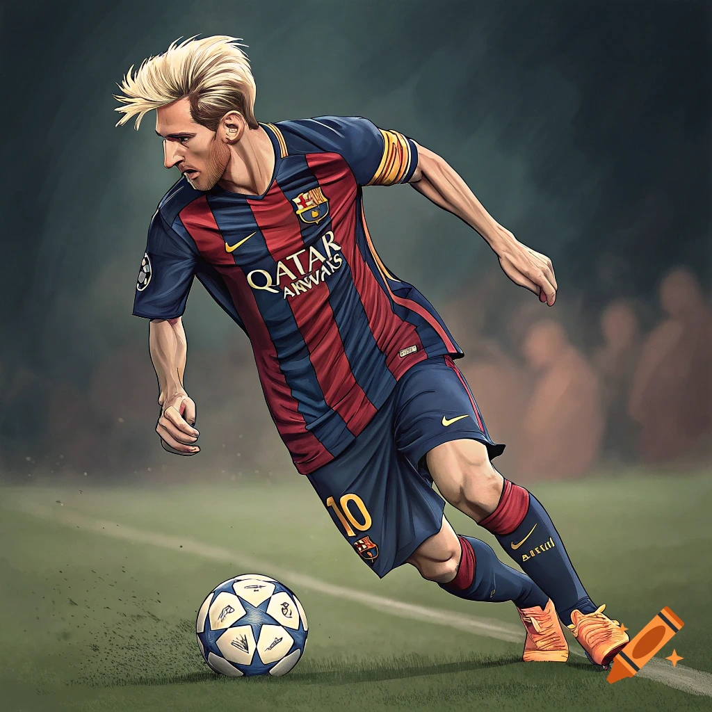Illustration of Lionel Messi playing soccer in a FC Barcelona kit