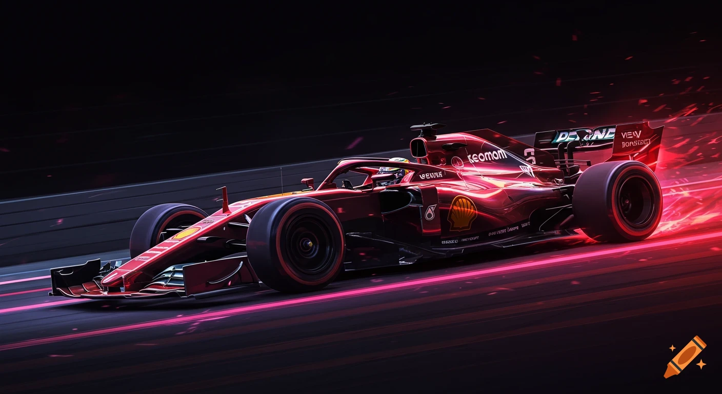 A red Formula 1 race car on a track with neon glowing effects.