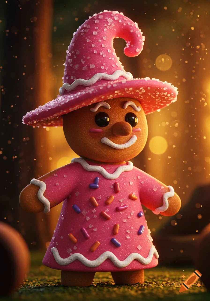 A gingerbread character in a pink witch hat and dress covered in sprinkles stands in a forest with bokeh lights.