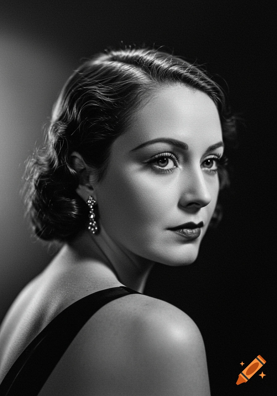 Black and white portrait of a woman in 1920s style, looking over her shoulder.