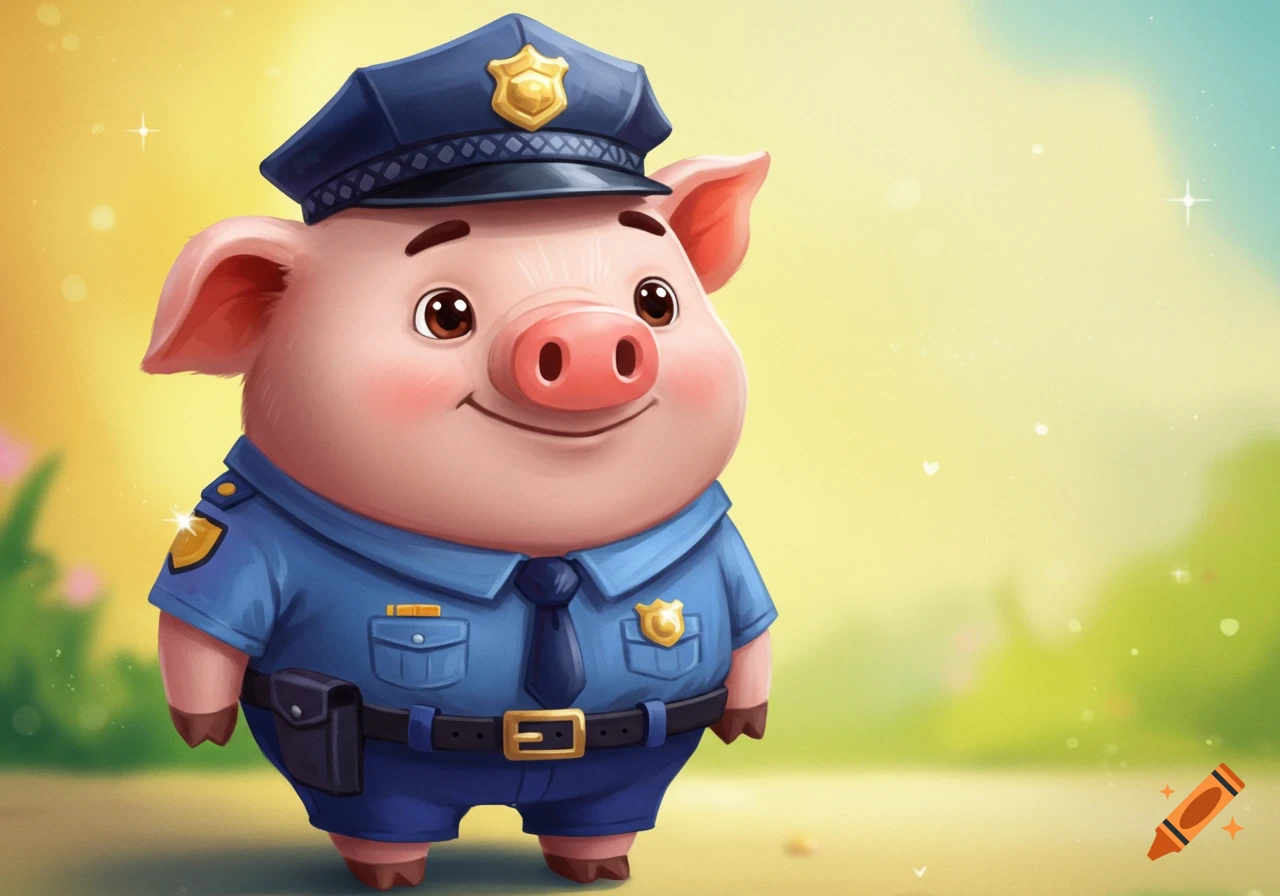 A cute cartoon pig dressed in a police uniform stands in a field.