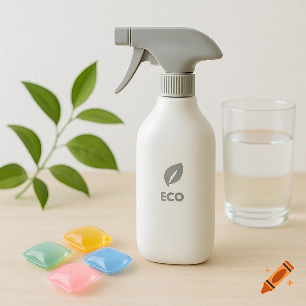 Eco-friendly spray bottle with 'ECO' logo, colorful dissolvable pods, leaves, and a glass of water in a clean, minimalist style.