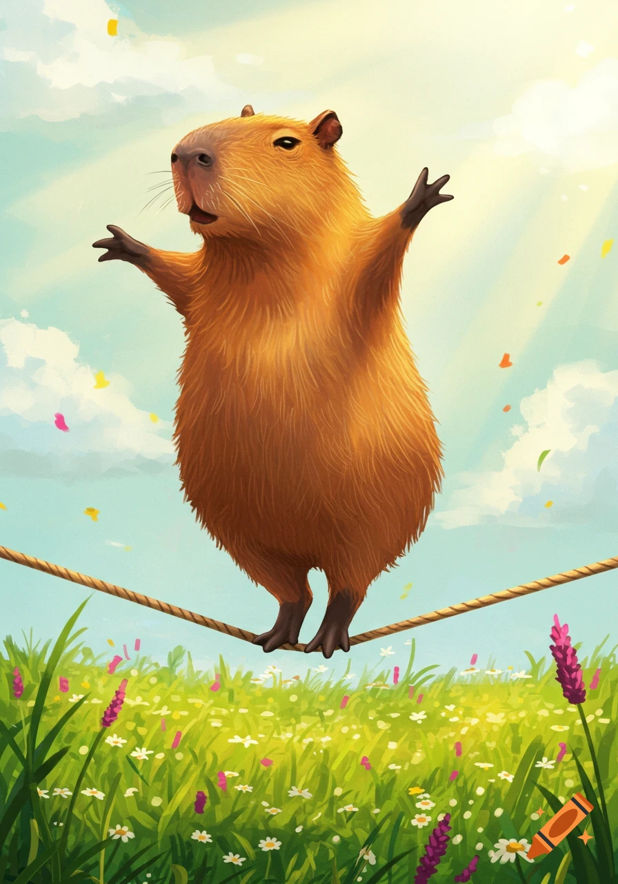 A capybara balancing on a tightrope above a field of flowers under a sunny sky.