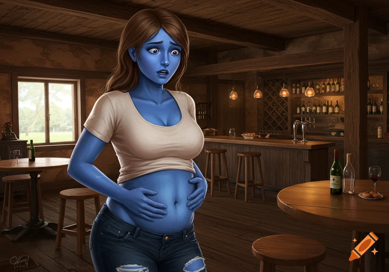 Blue-skinned woman with expanding stomach touches belly in rustic bar.