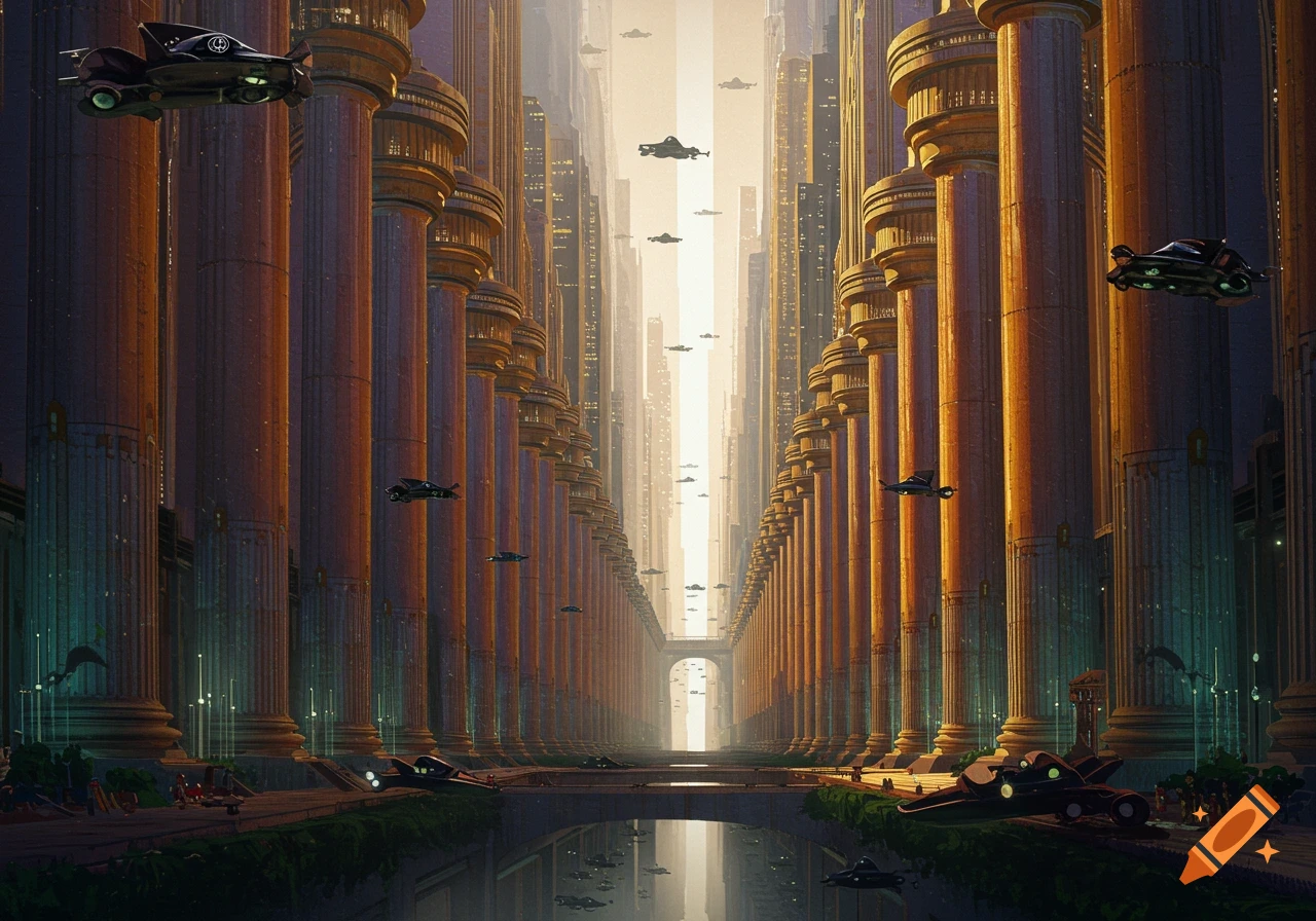 A futuristic city street lined with massive columns, featuring flying cars and a river.