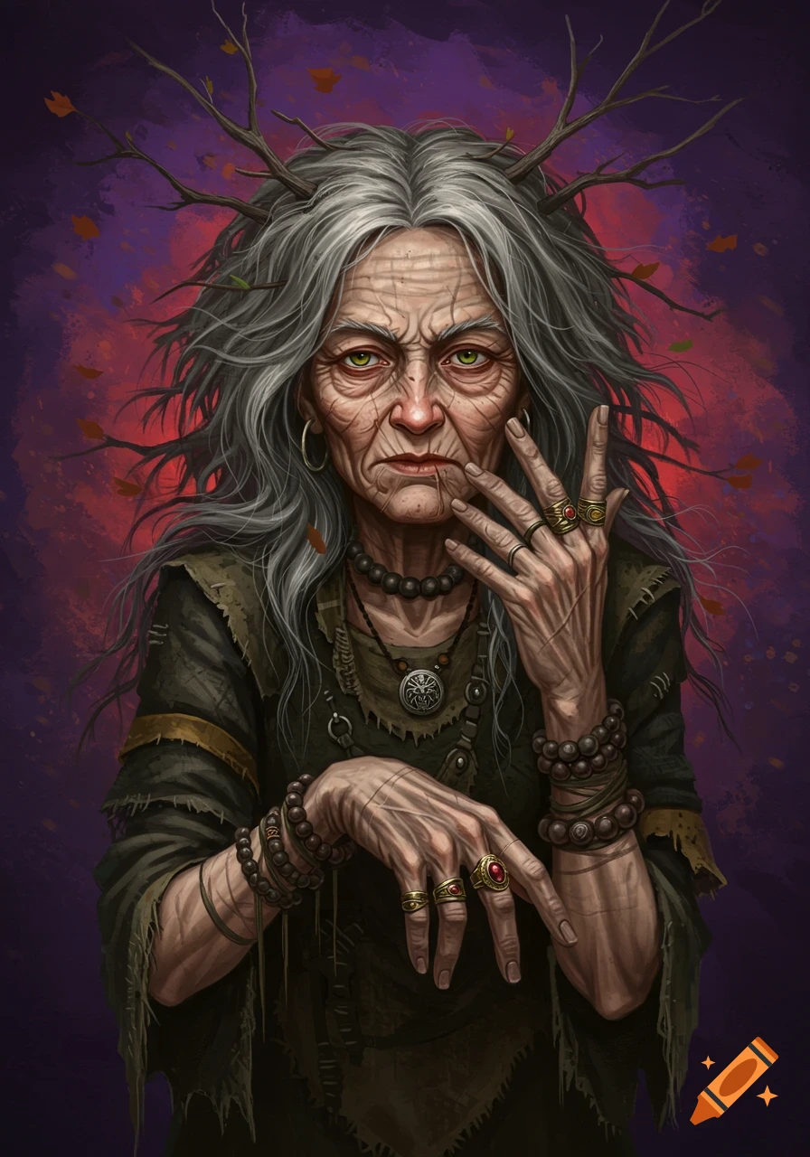 An old witch with twigs in her hair, ragged clothes, and jewelry