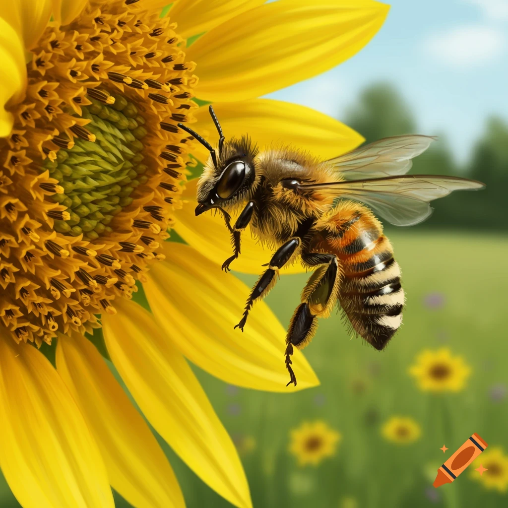 A detailed image of a honeybee approaching a vibrant sunflower in a meadow.