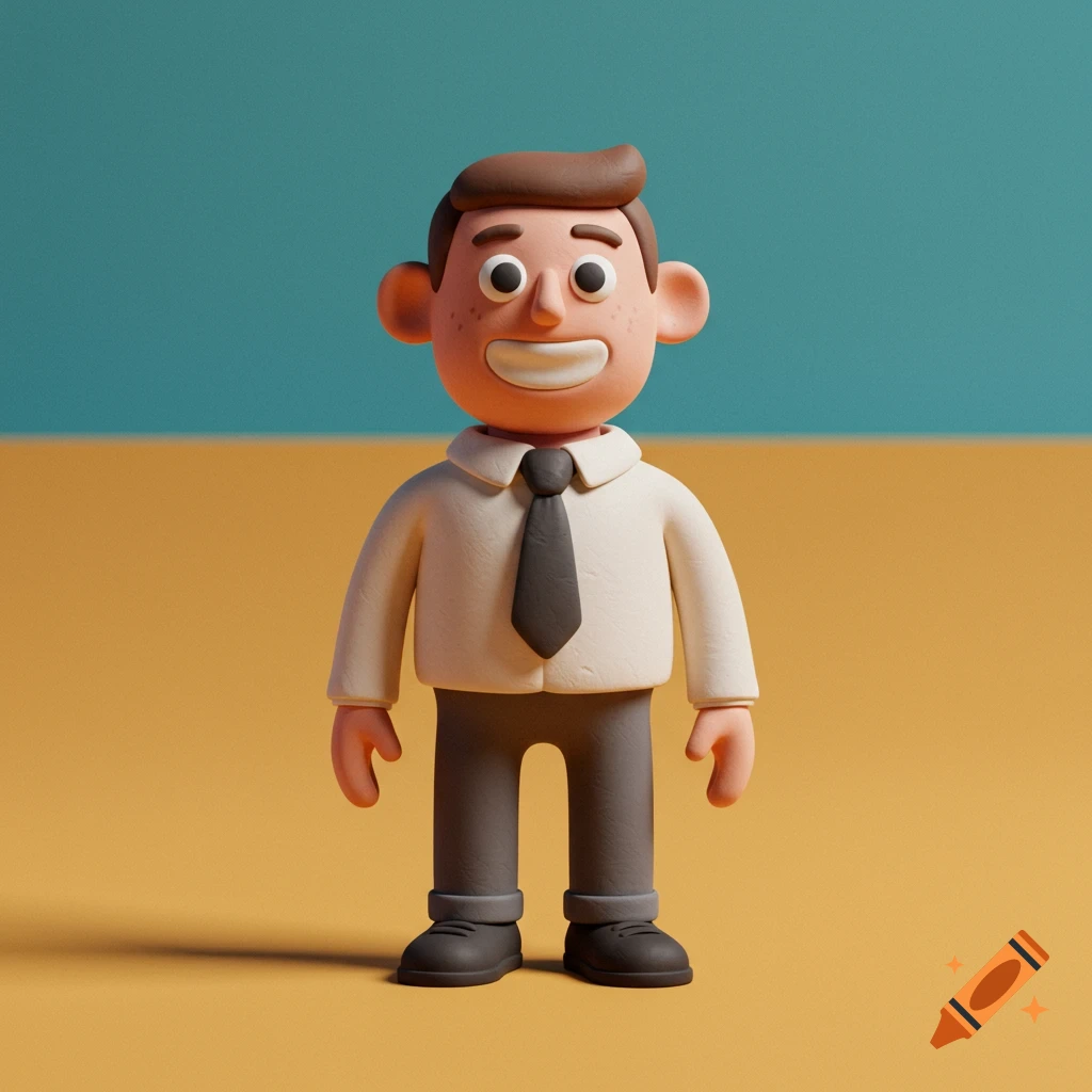 Claymation character of a smiling man in a shirt and tie.
