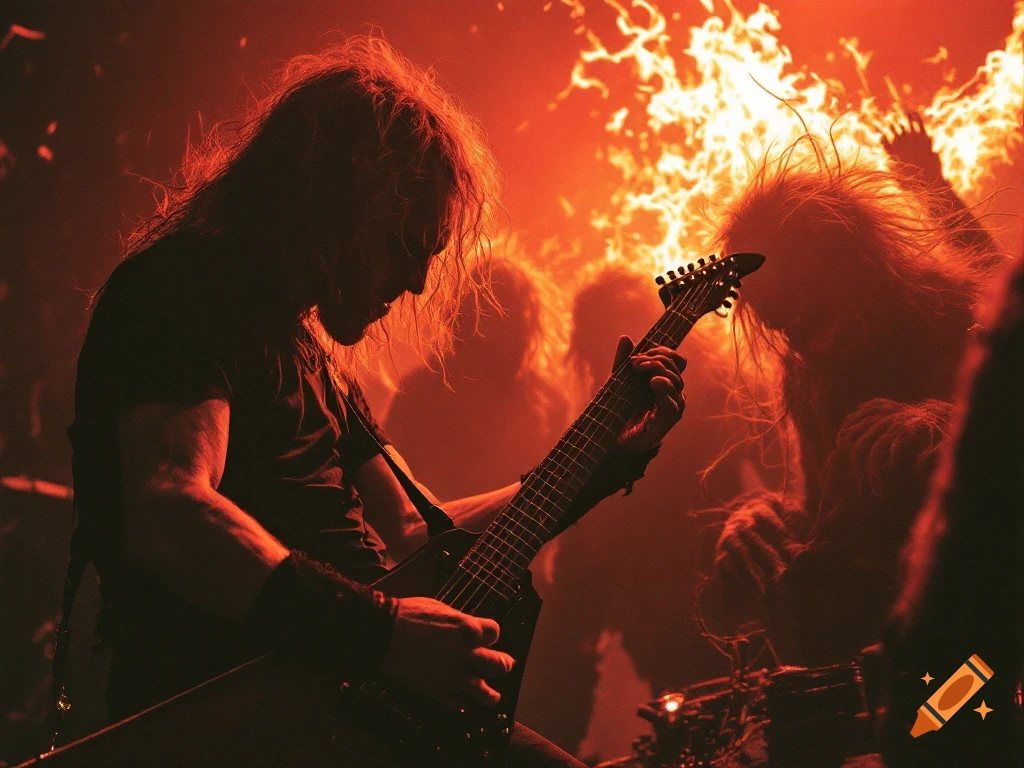 A guitarist with long hair plays on stage bathed in red light with bandmates and pyrotechnics behind them.