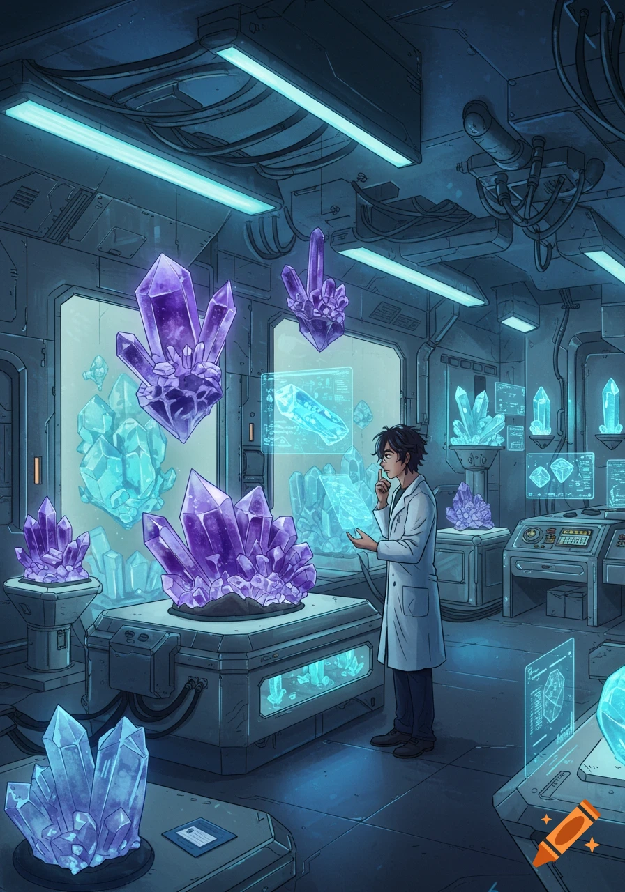 Anime style image of a scientist in a sci-fi lab studying large purple and blue glowing crystals.