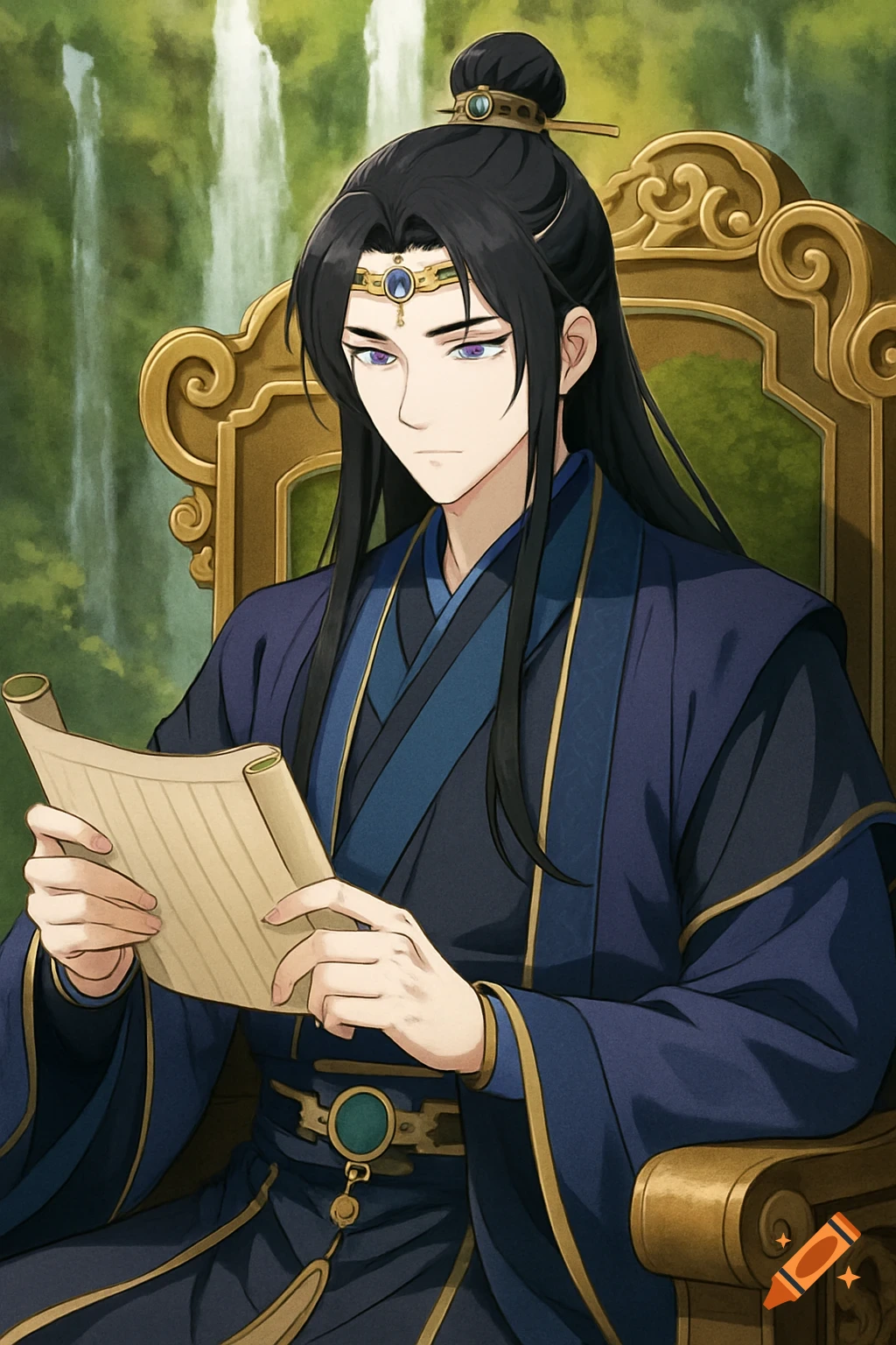 An anime-style illustration of a man in traditional Chinese clothing sitting on a throne, reading a scroll with a waterfall in the background.
