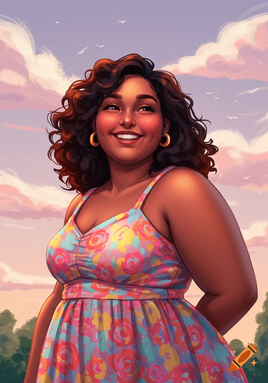 A smiling woman with curly hair and a floral dress is looking up at a colorful sky.