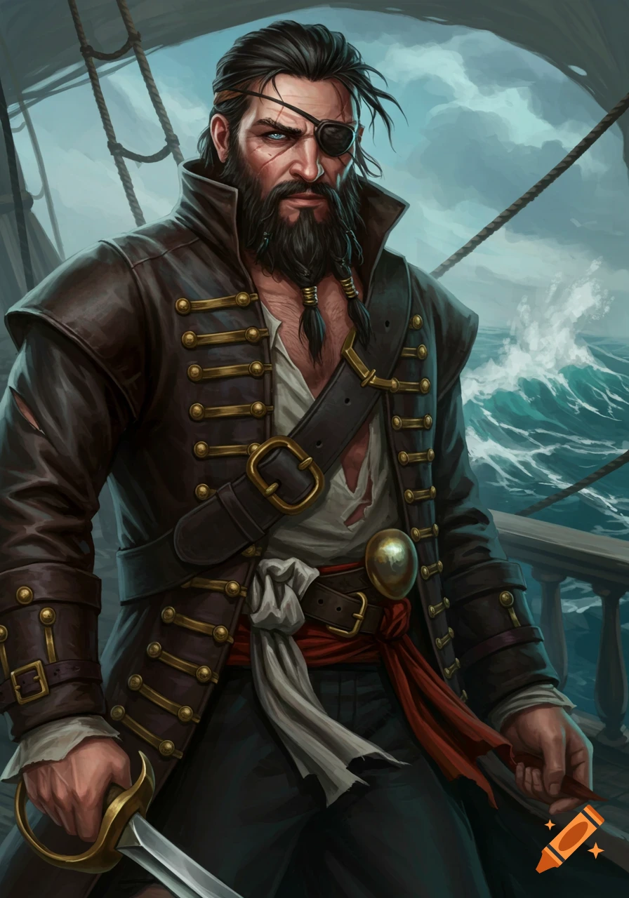 A pirate captain with an eyepatch and beard on a ship deck.