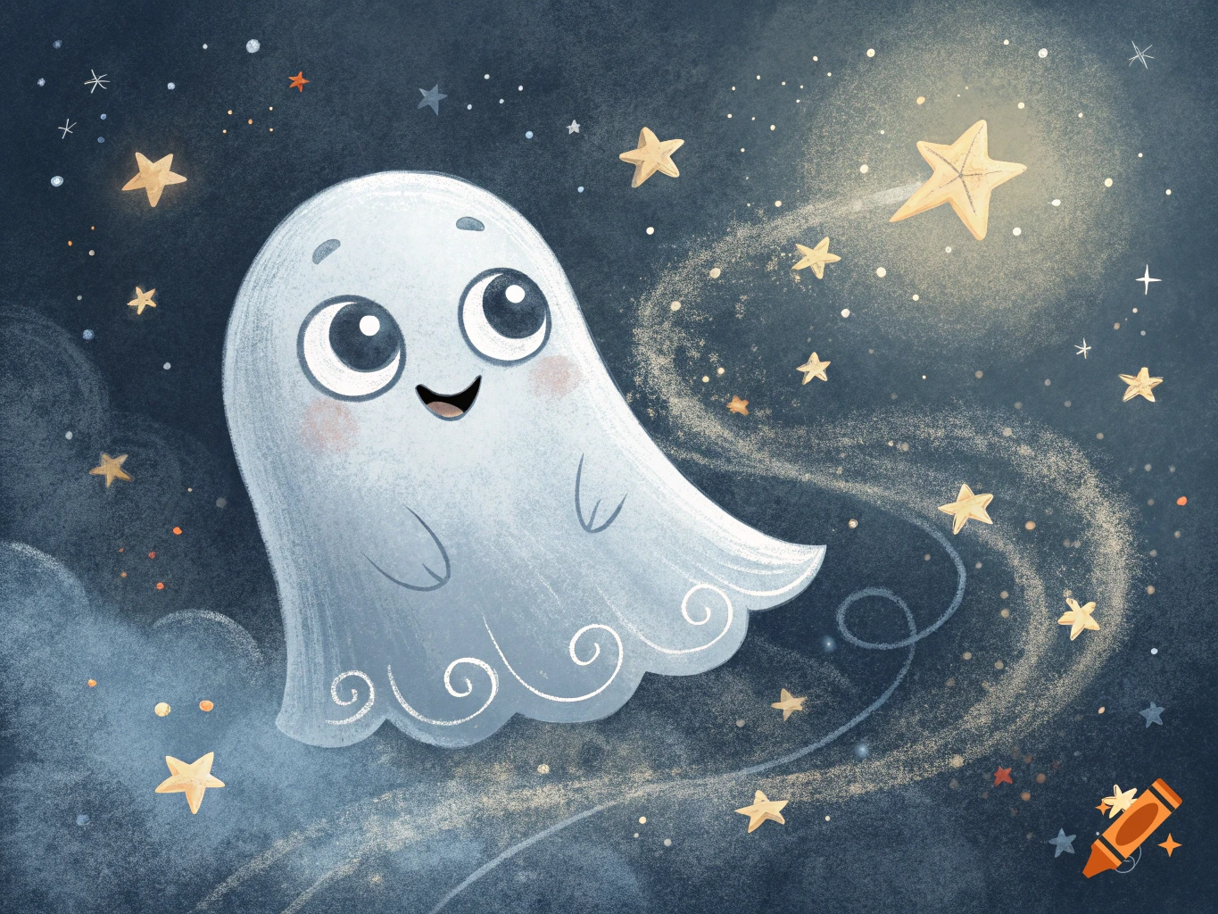 Cute cartoon ghost floating among stars with a stardust trail.