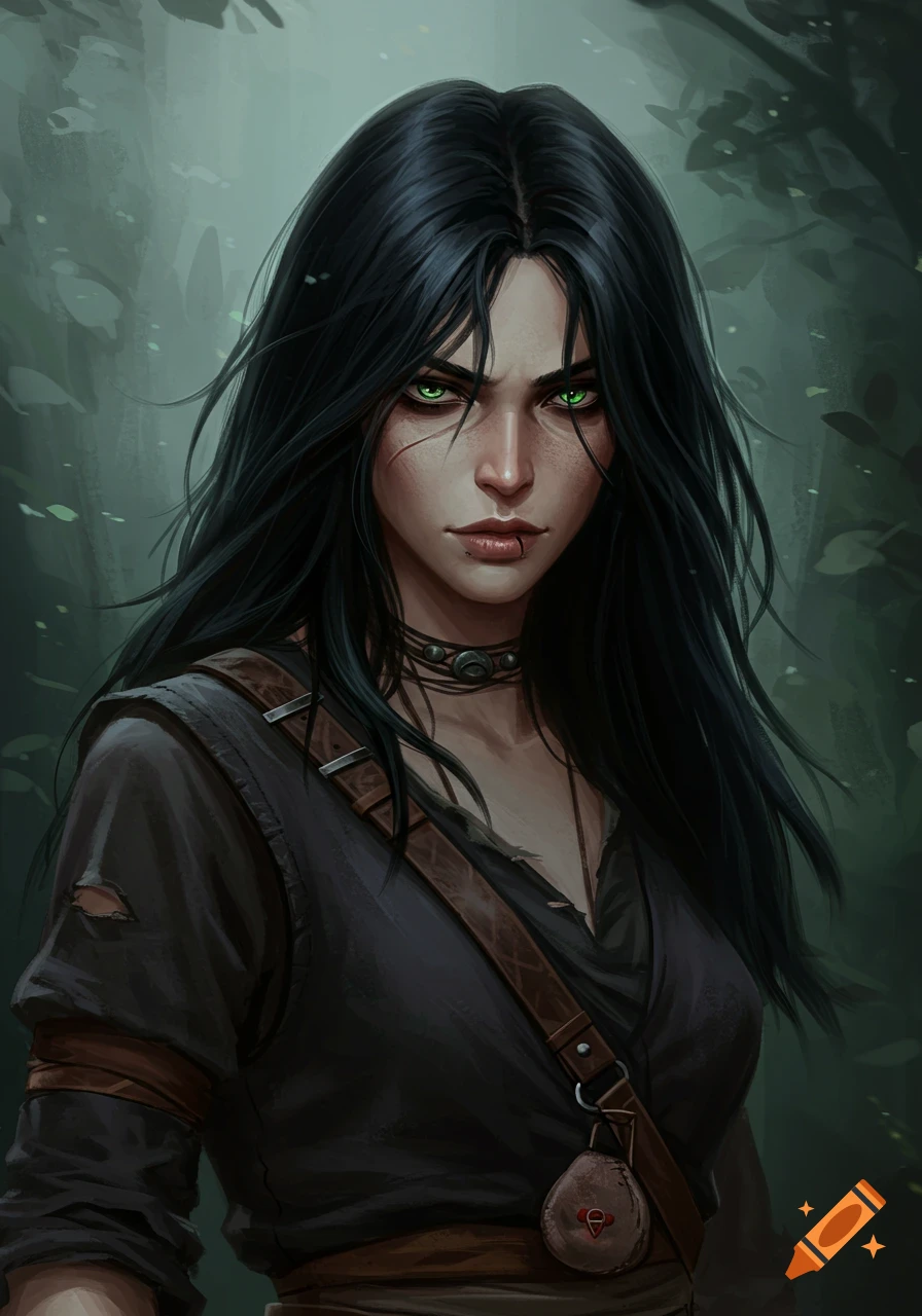 Woman with long black hair and green eyes, looking like a bandit.