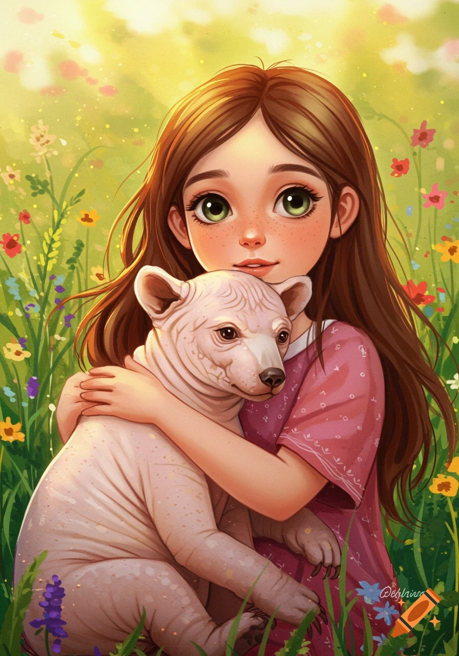 A girl hugs a hairless dog in a sunny meadow with wildflowers.