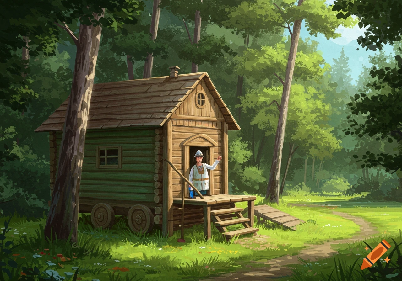 A person standing in front of a rustic wooden cabin on wheels in a forest clearing.