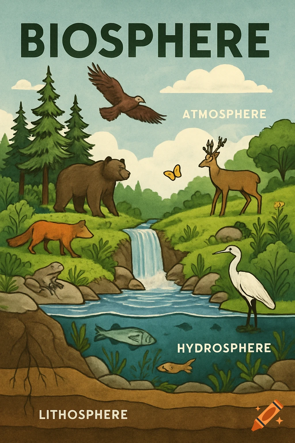 Illustrated poster showing a biosphere landscape with animals, a waterfall, sky, and ground layers, labeled biosphere, atmosphere, hydrosphere, and lithosphere.